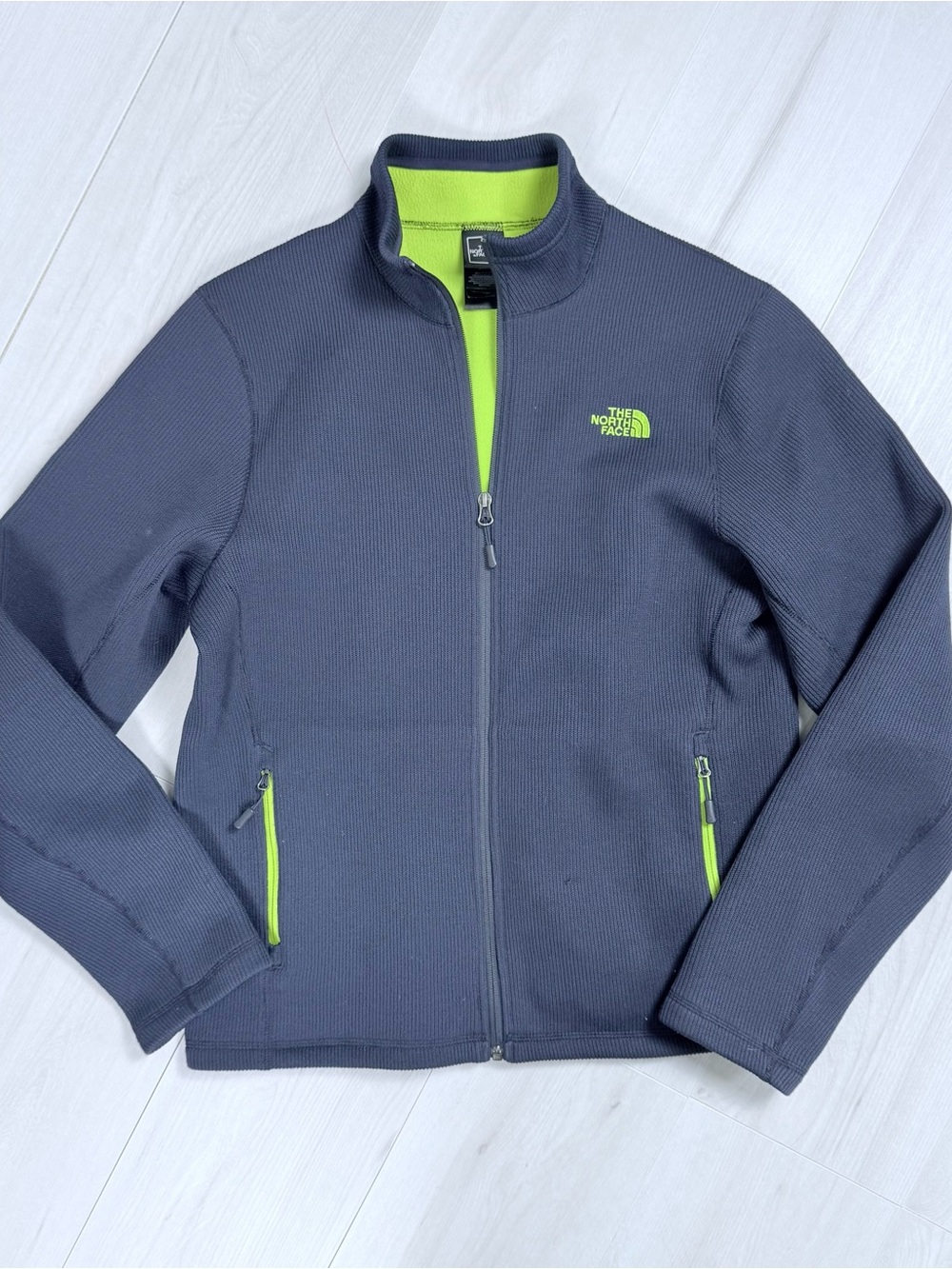 The North Face Men's Navy Ribbed Sweater Jacket with Lime Green Trim